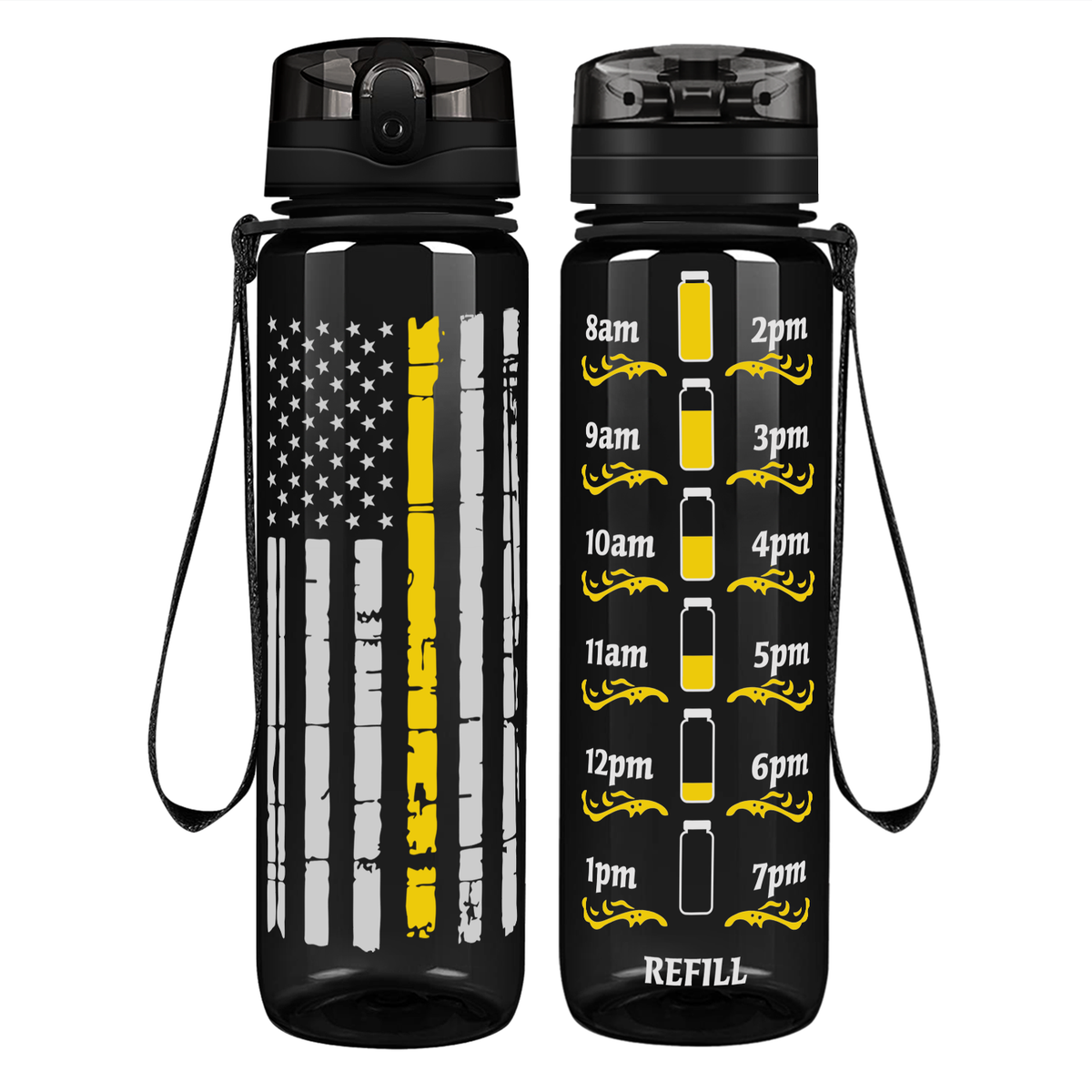 Distressed Thin Gold Line Flag on 32 oz Motivational Tracking Water Bottle