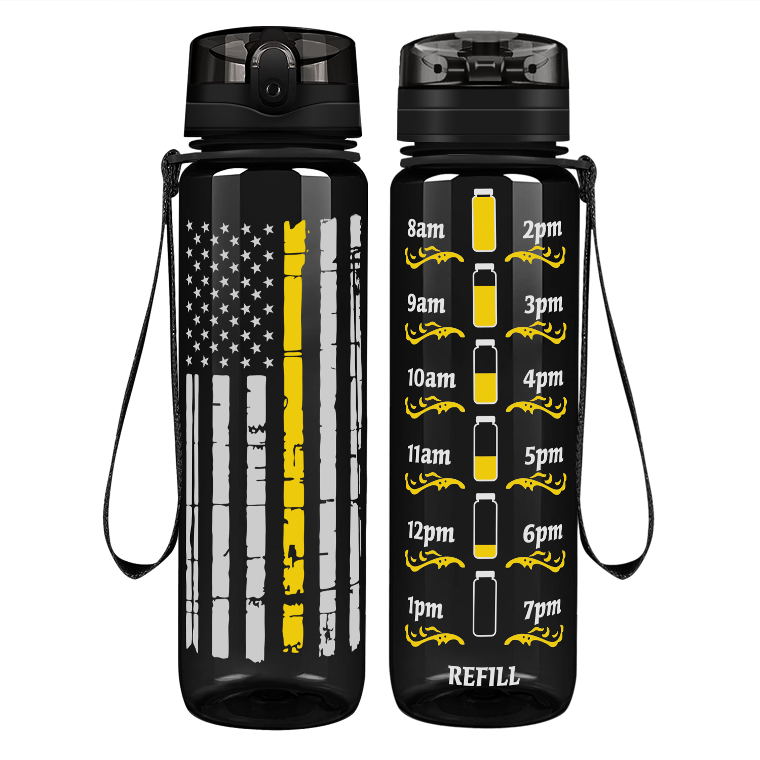 Personalized Distressed Thin Gold Line Flag on 32 oz Motivational Tracking Water Bottle