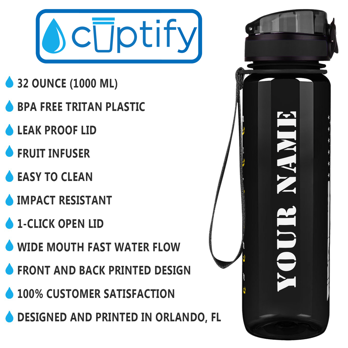 Personalized Distressed Thin Gold Line Flag on 32 oz Motivational Tracking Water Bottle