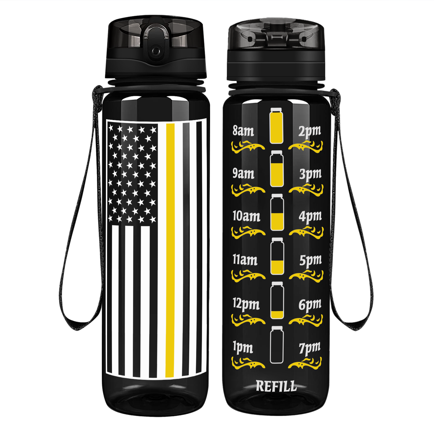 Thin Gold Line Dispatcher Flag on 32 oz Motivational Tracking Water Bottle