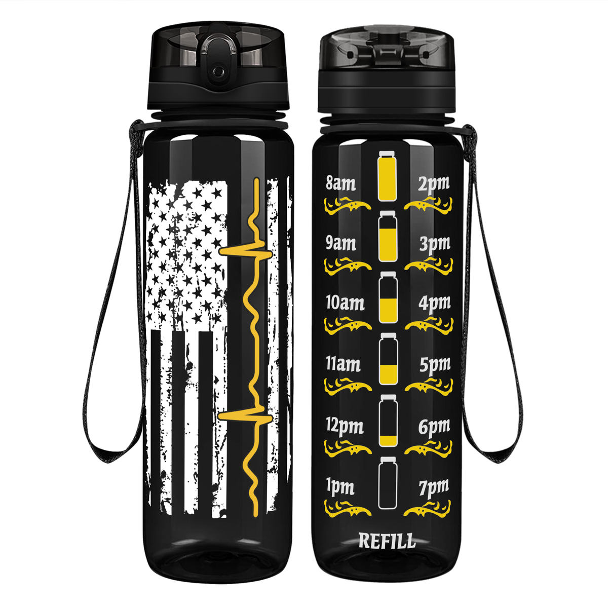 Distressed Pulse Thin Gold Line Flag on 32 oz Motivational Tracking Water Bottle