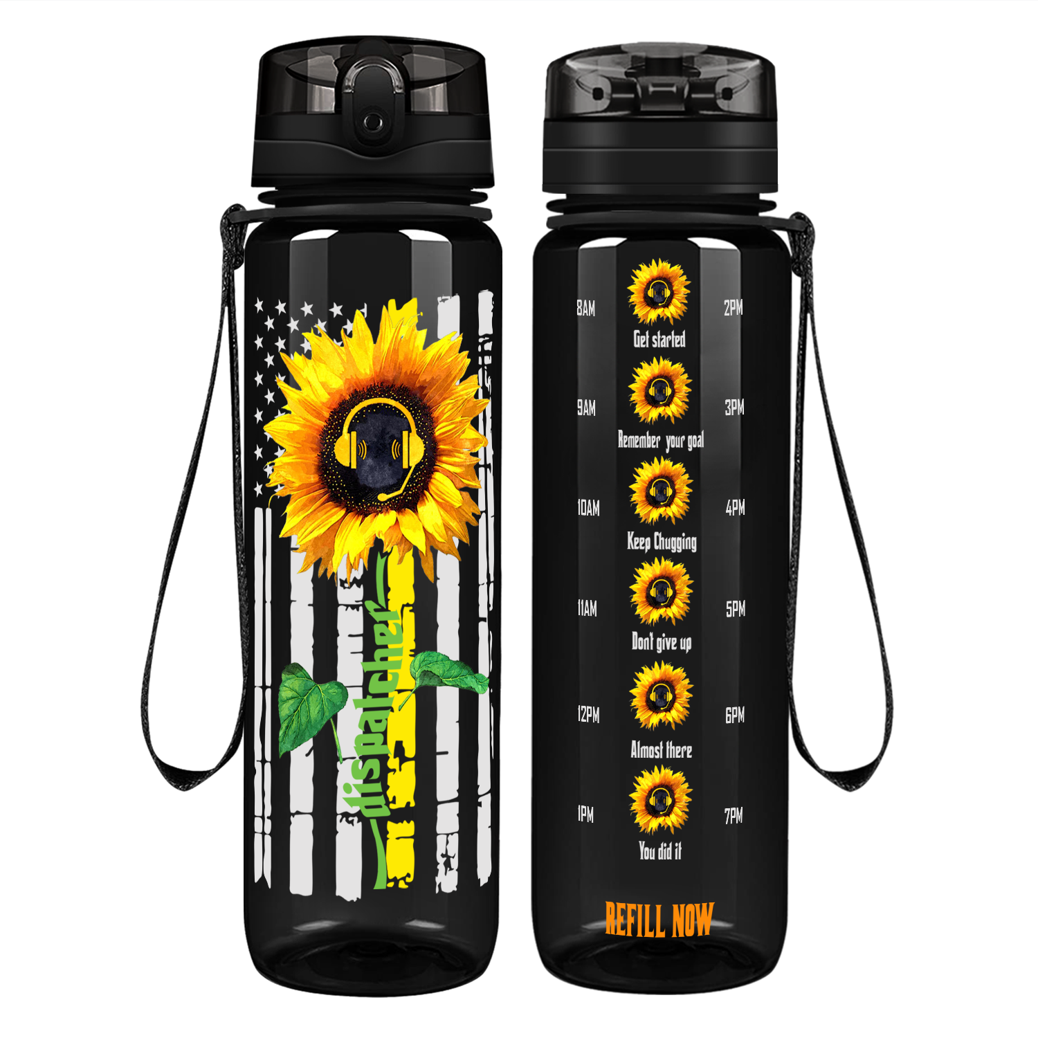 Personalized Sunflower Thin Gold Line Flag on 32 oz Motivational Tracking Water Bottle