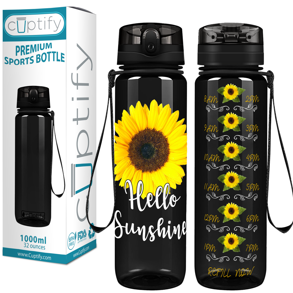 Hello Sunshine Sunflower on Black 32 oz Motivational Tracking Sunflower Water Bottle