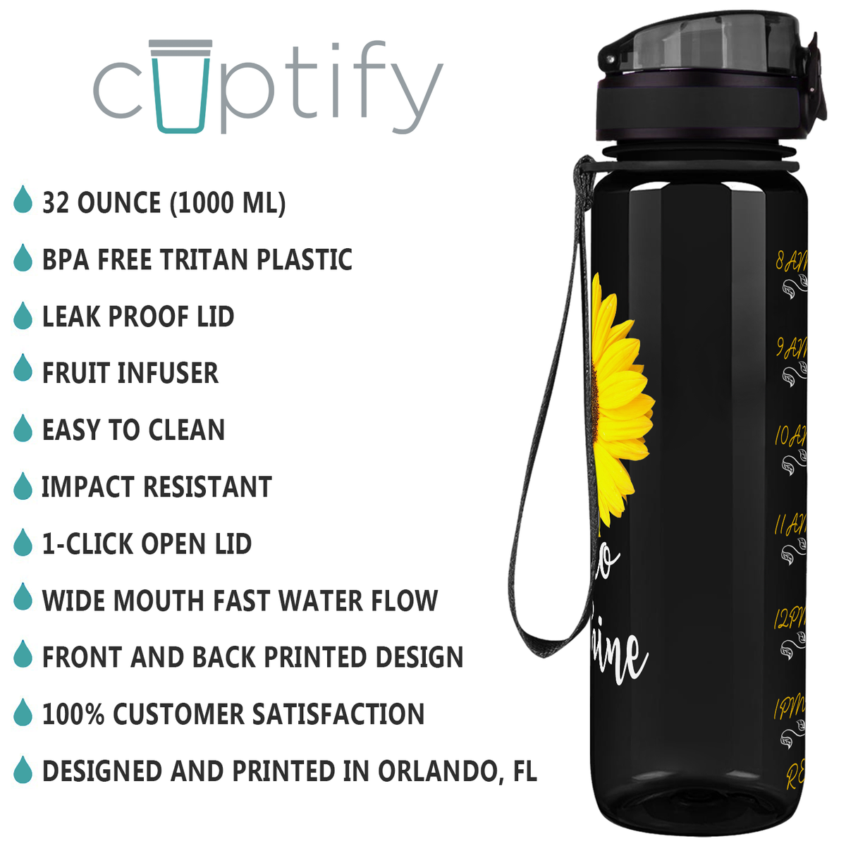 Hello Sunshine Sunflower on Black 32 oz Motivational Tracking Sunflower Water Bottle