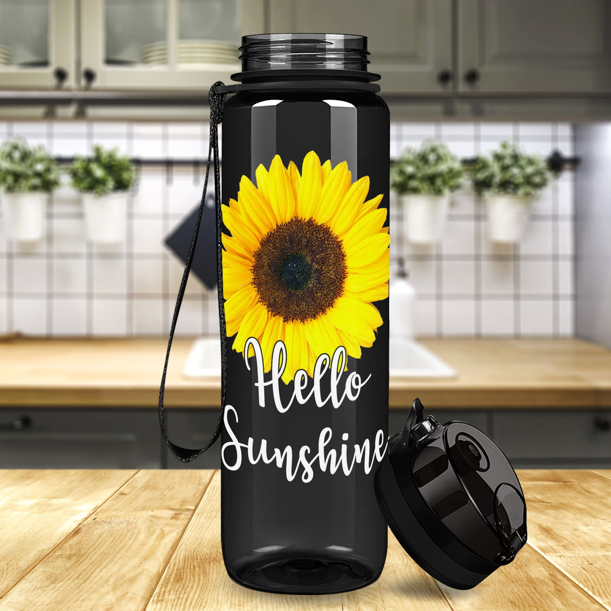 Hello Sunshine Sunflower on Black 32 oz Motivational Tracking Sunflower Water Bottle