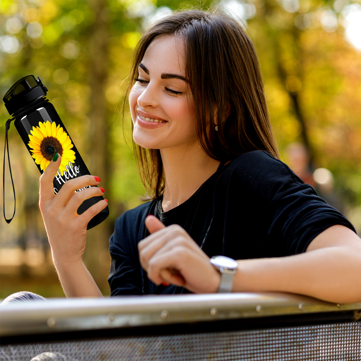 Hello Sunshine Sunflower on Black 32 oz Motivational Tracking Sunflower Water Bottle