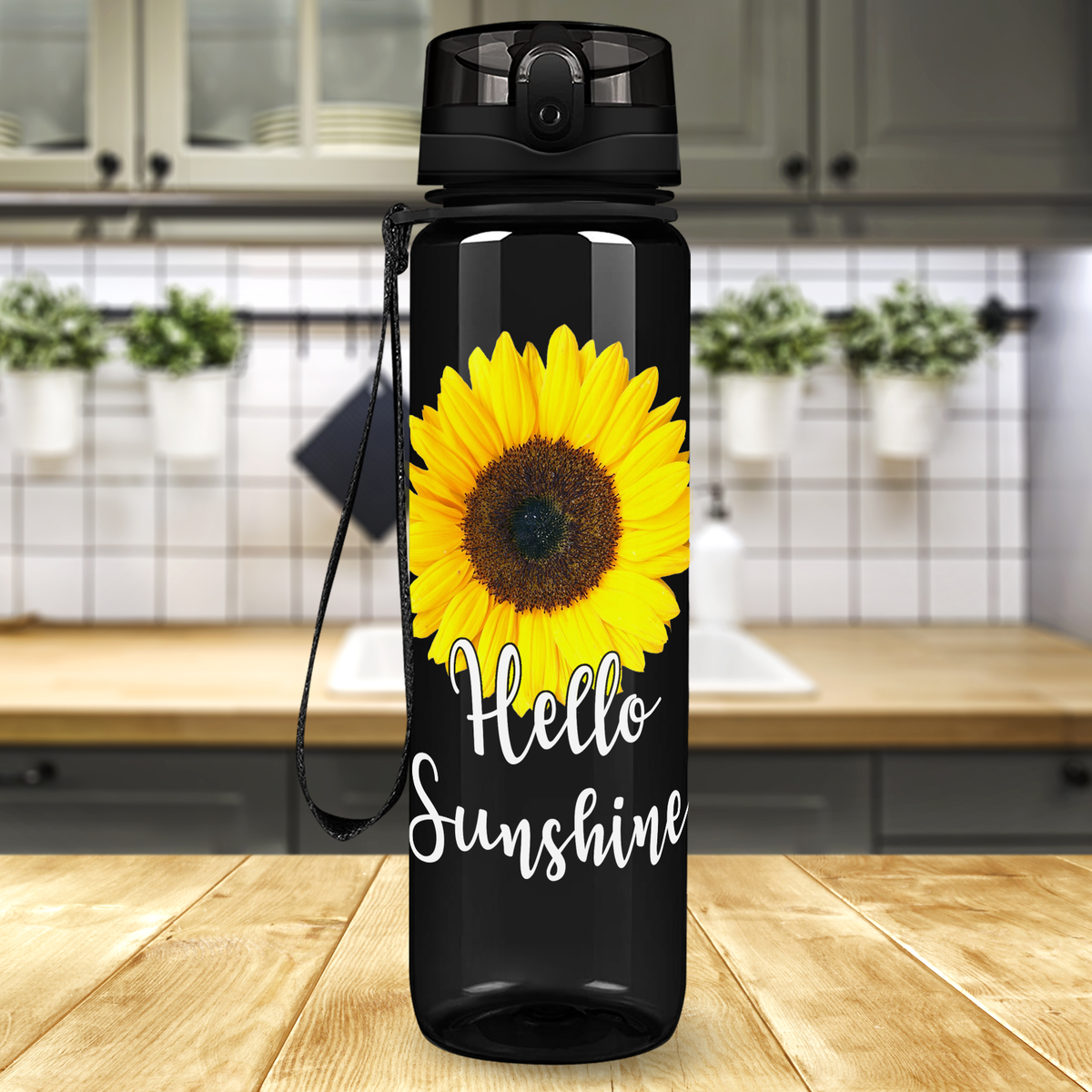 Hello Sunshine Sunflower on Black 32 oz Motivational Tracking Sunflower Water Bottle