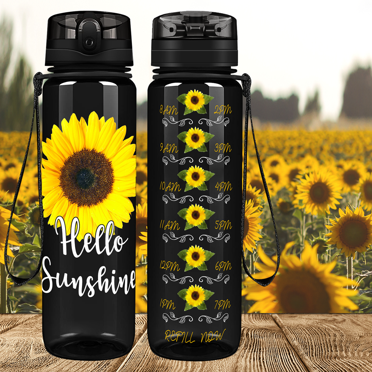 Hello Sunshine Sunflower on Black 32 oz Motivational Tracking Sunflower Water Bottle