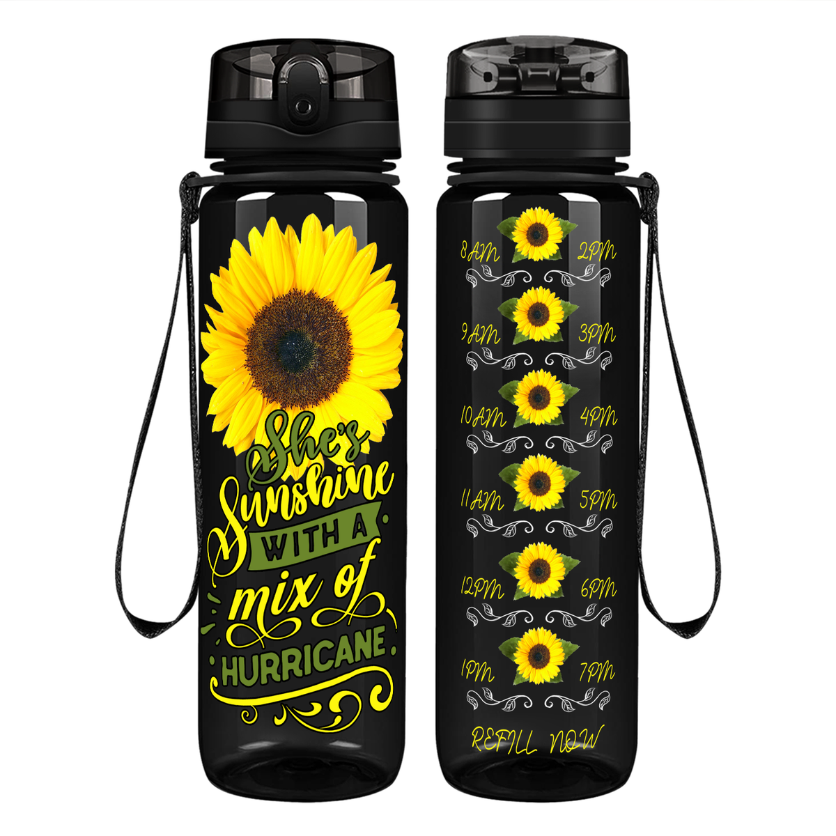 She's Sunshine with a Mix of Hurricane on 32 oz Motivational Tracking Sunflowers Water Bottle