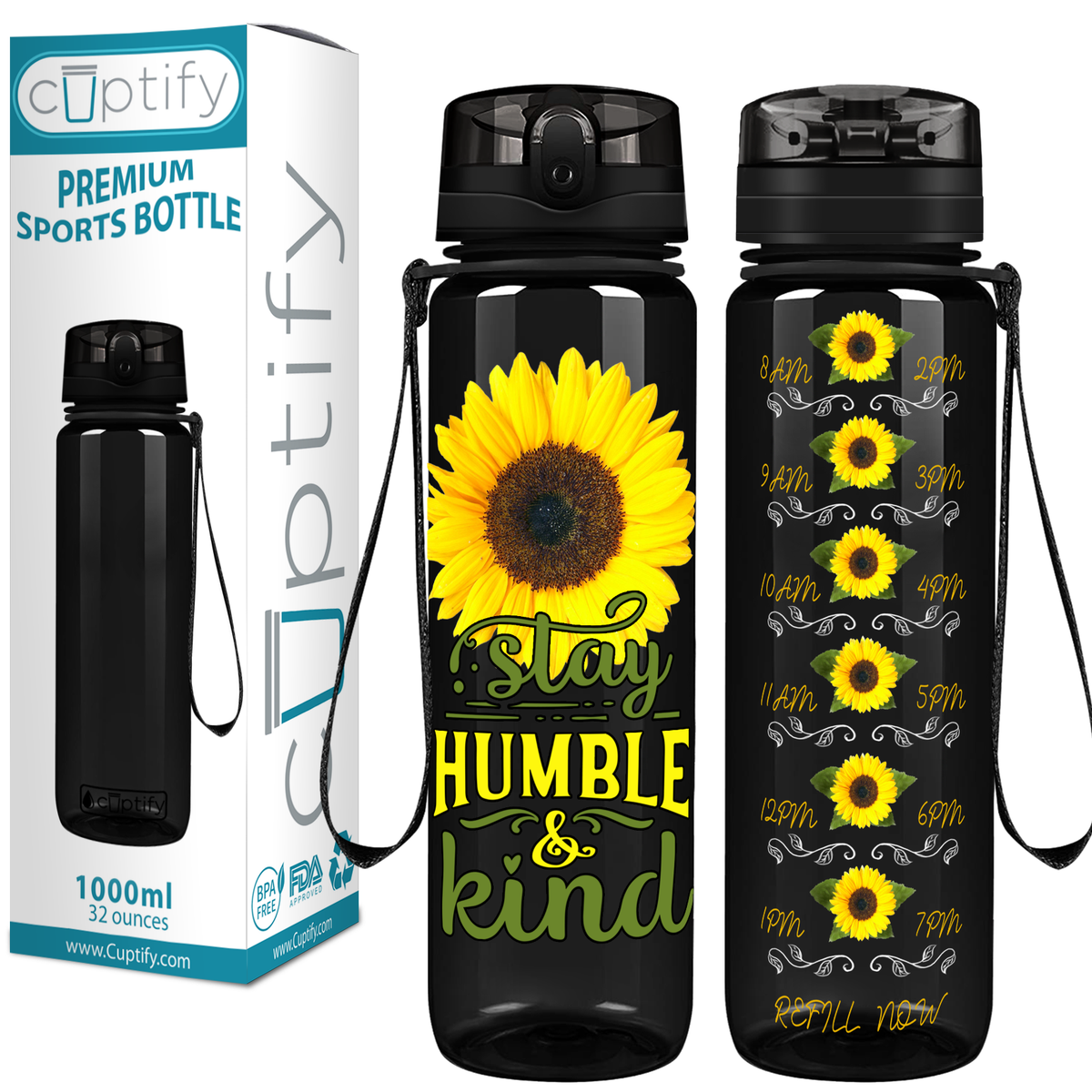 Stay Humble & Kind on Black 32 oz Motivational Tracking Sunflower Water Bottle