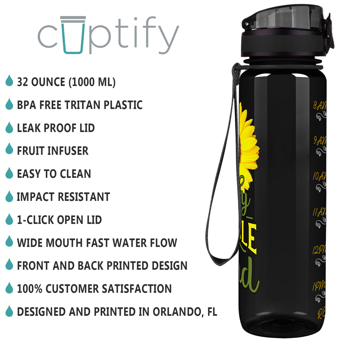 Stay Humble & Kind on Black 32 oz Motivational Tracking Sunflower Water Bottle
