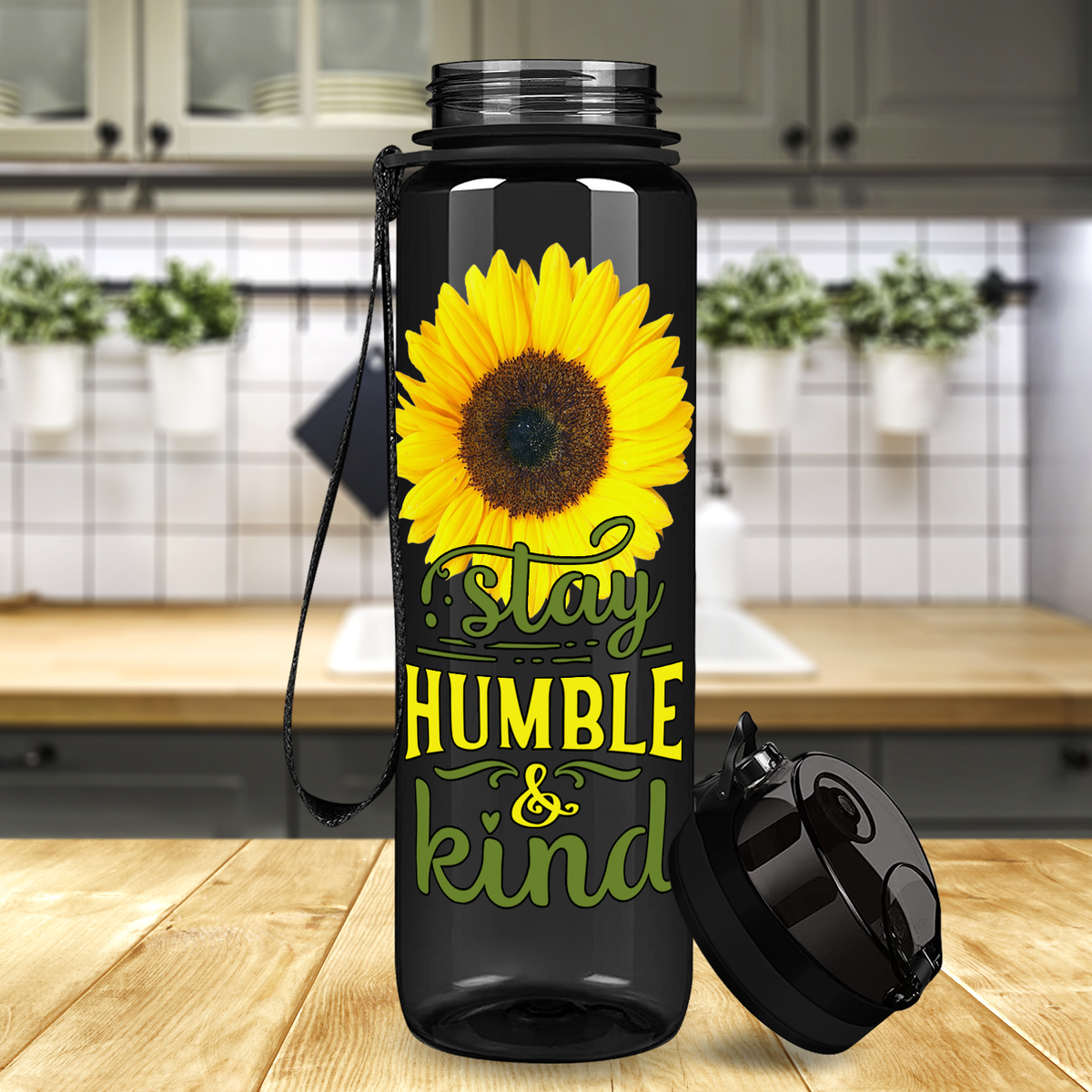 Stay Humble & Kind on Black 32 oz Motivational Tracking Sunflower Water Bottle