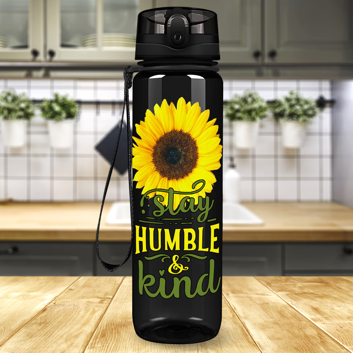 Stay Humble & Kind on Black 32 oz Motivational Tracking Sunflower Water Bottle