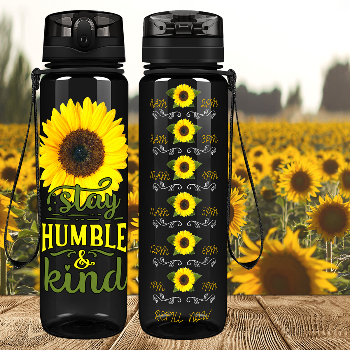 Stay Humble & Kind on Black 32 oz Motivational Tracking Sunflower Water Bottle