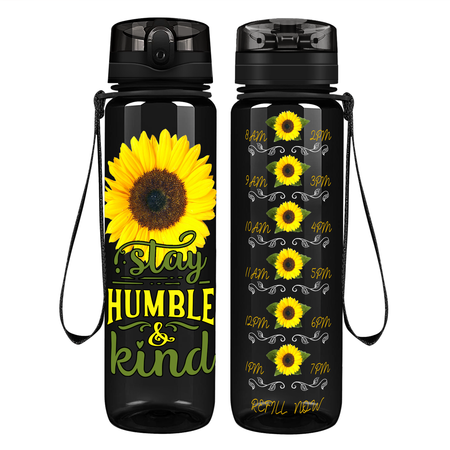 Stay Humble & Kind on Black Motivational Tracking Water Bottle