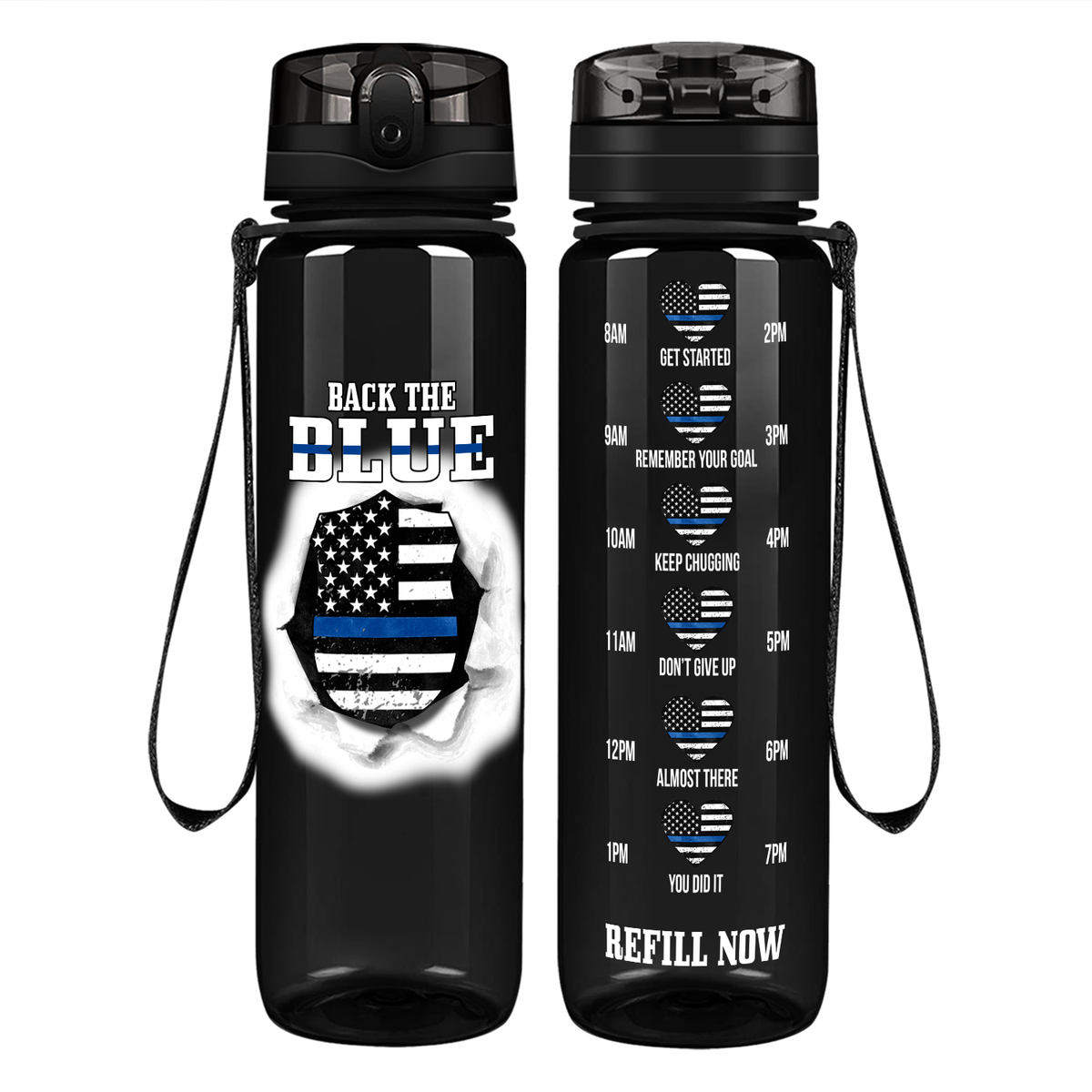Back the Blue on 32 oz Motivational Tracking Water Bottle