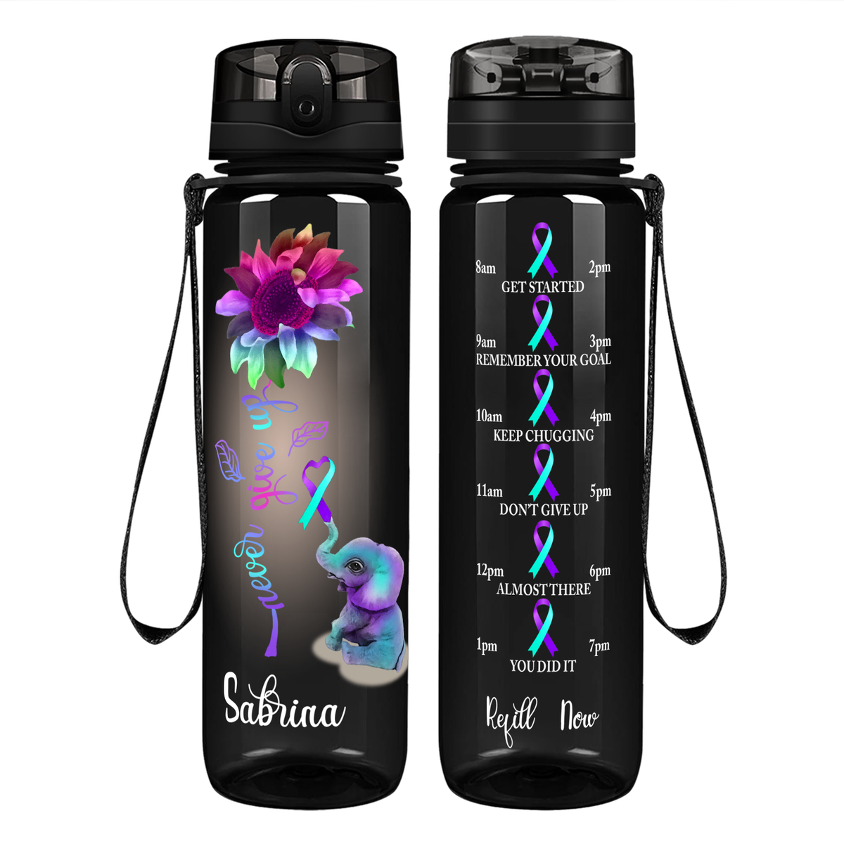 Personalized Never Give Up Elephant on 32 oz Motivational Tracking Water Bottle