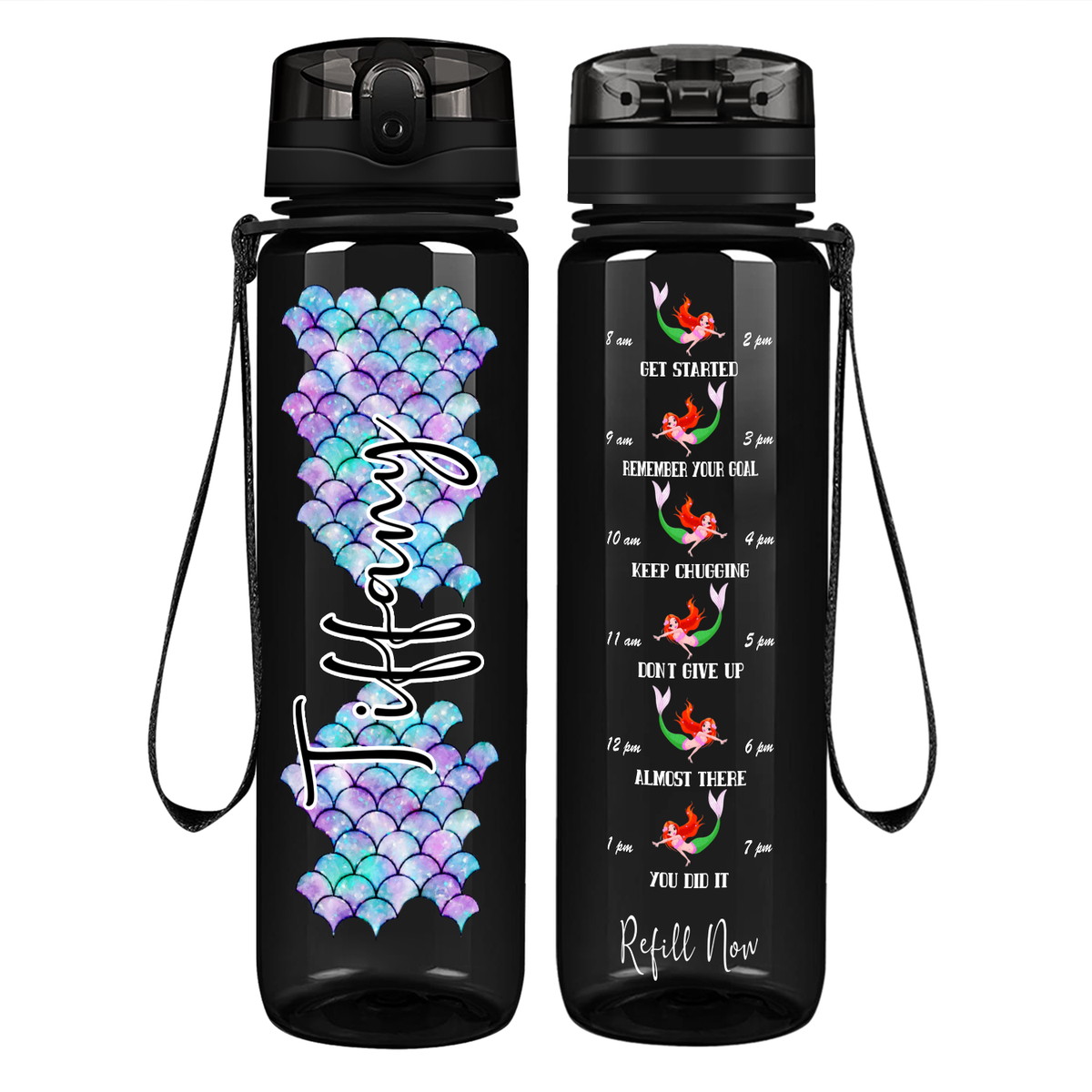 Personalized Mermaid Scales on 32 oz Motivational Tracking Water Bottle