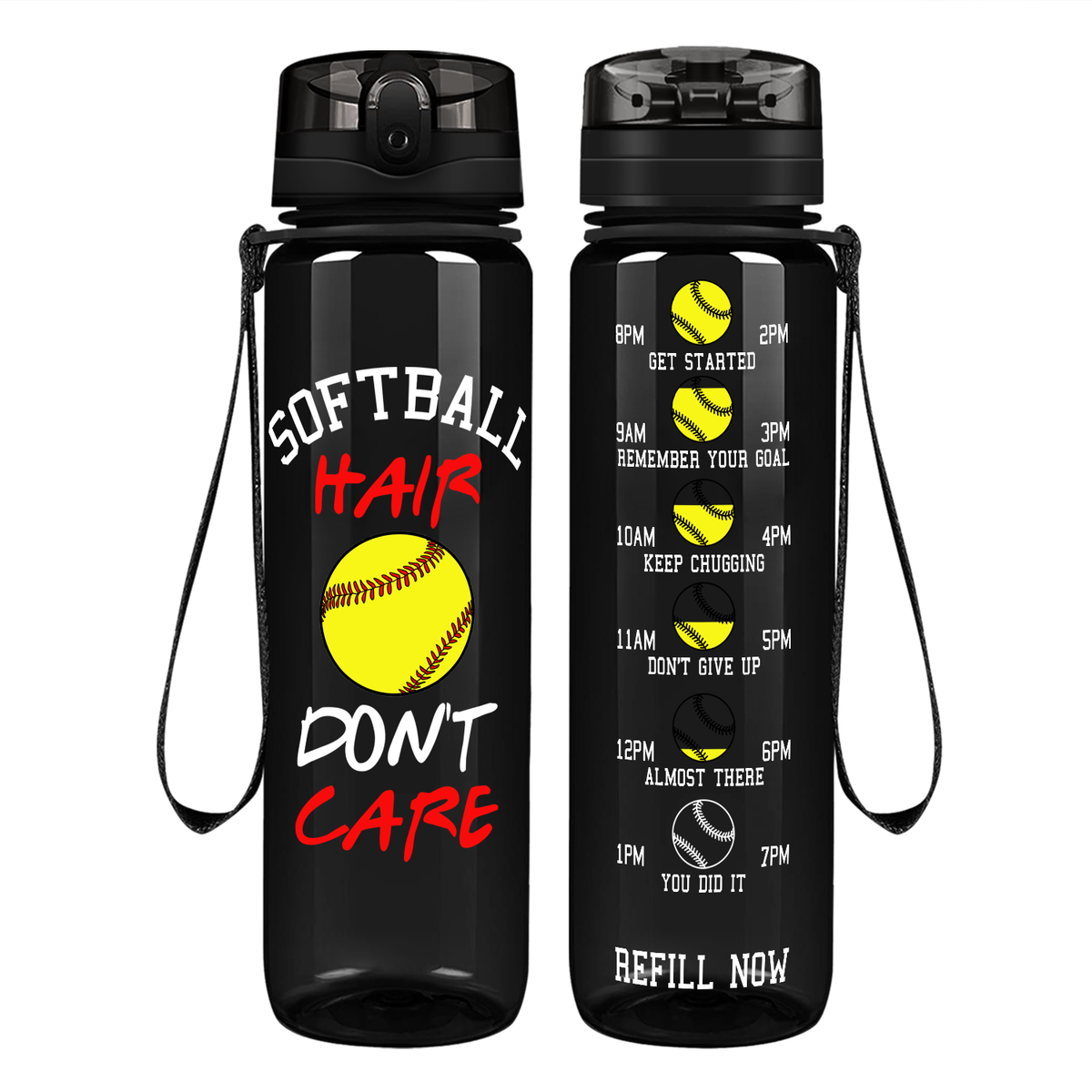 Softball Hair Don't Care on 32 oz Motivational Tracking Water Bottle