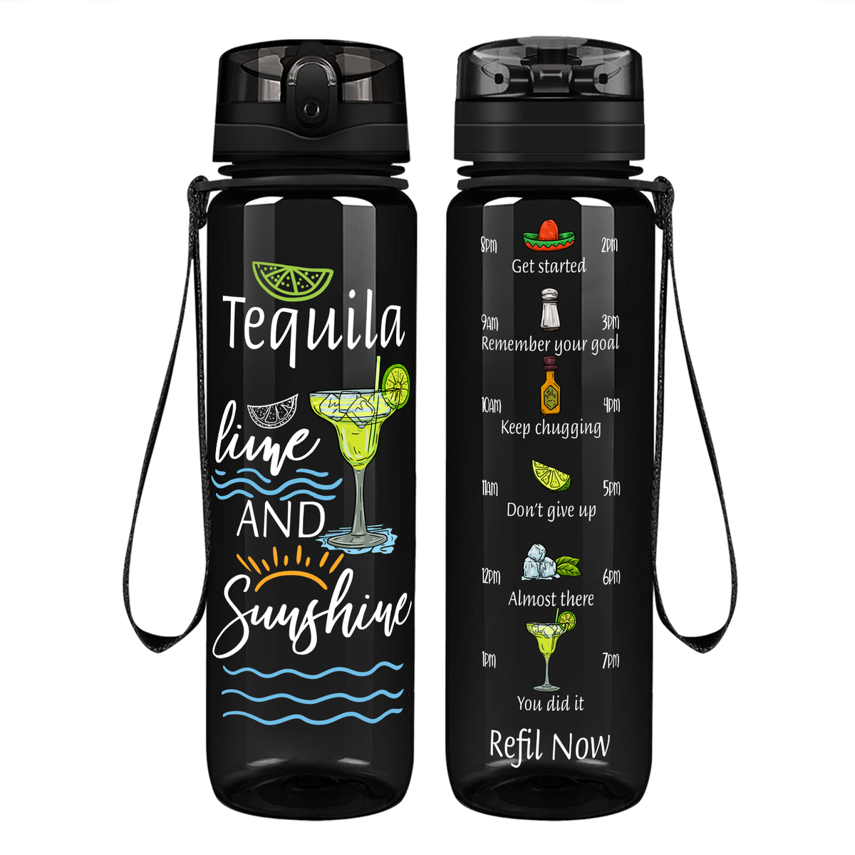 Tequila Lime and Sunshine on 32 oz Motivational Tracking Water Bottle