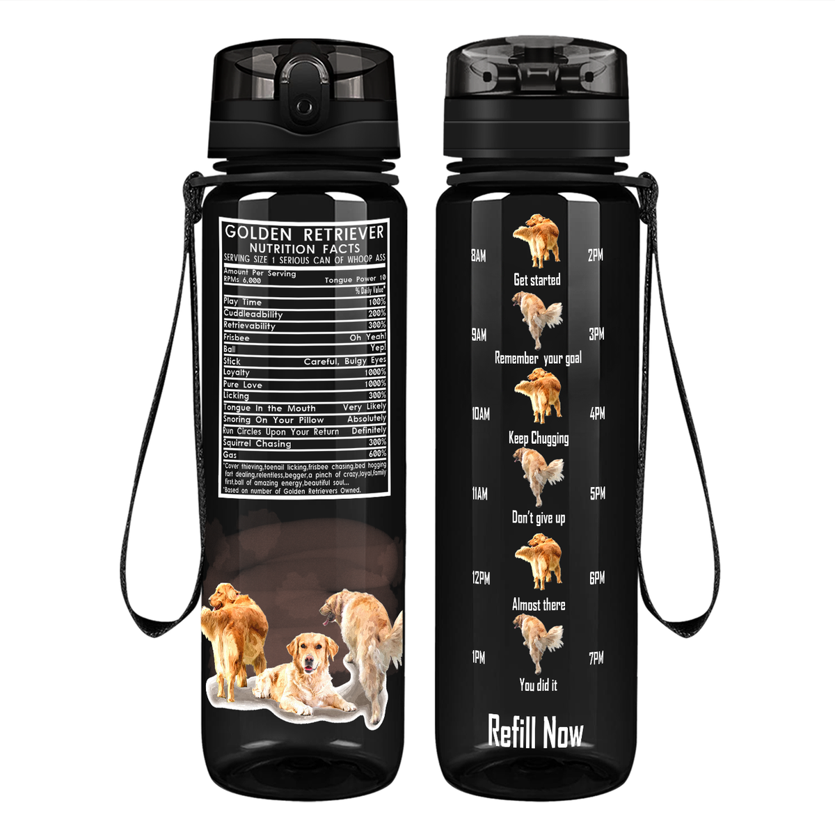 Golden Retriever Nutrition Facts on 32 oz Motivational Tracking Water Bottle
