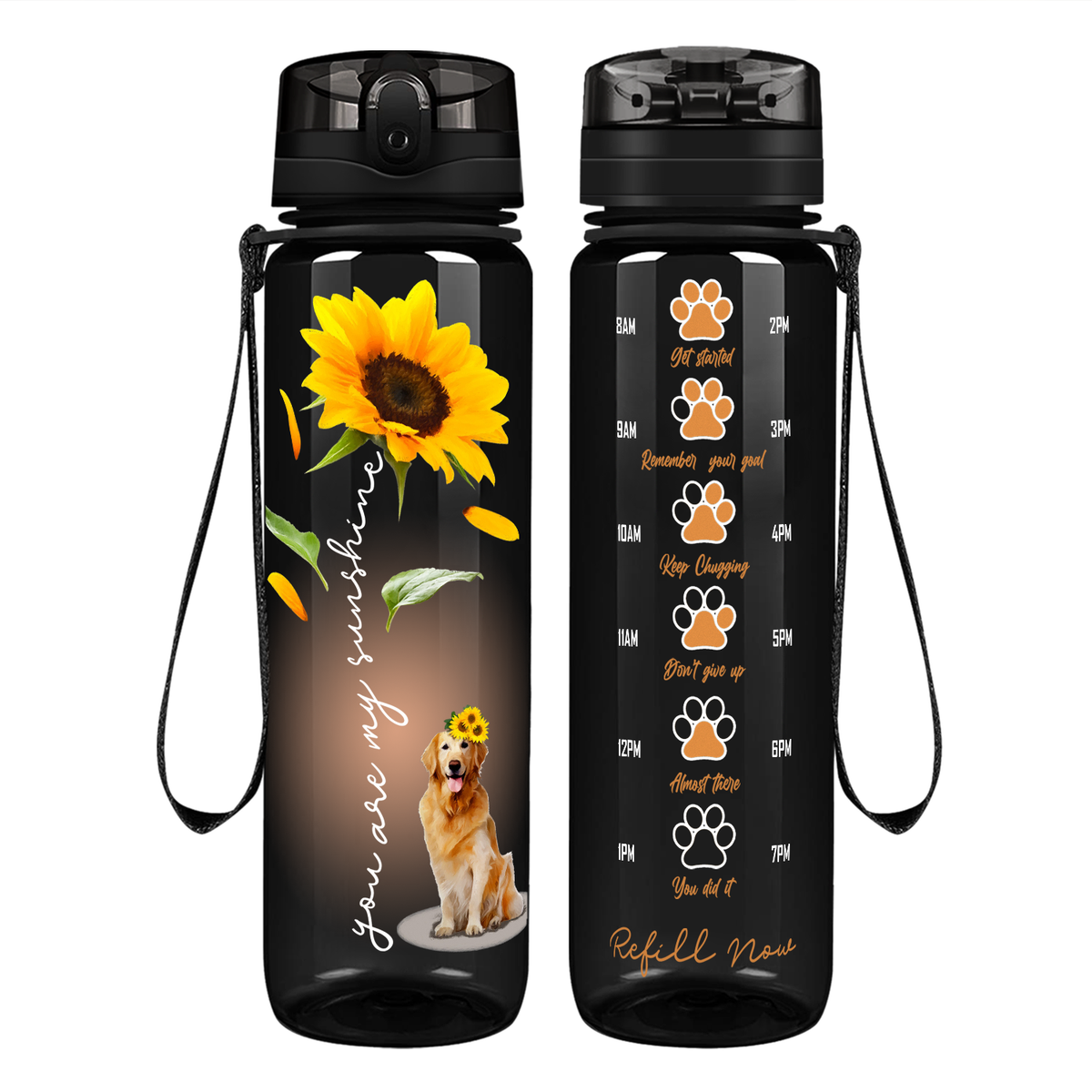 You Are My Sunshine Golden Retriever Sunflower on 32 oz Motivational Tracking Water Bottle