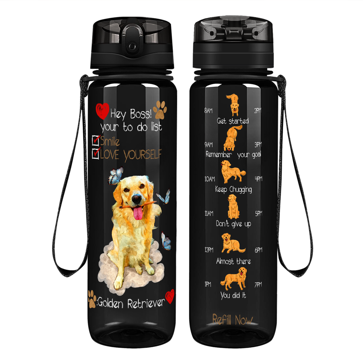 Hey Boss! Your To Do List Golden Retriever on 32 oz Motivational Tracking Water Bottle