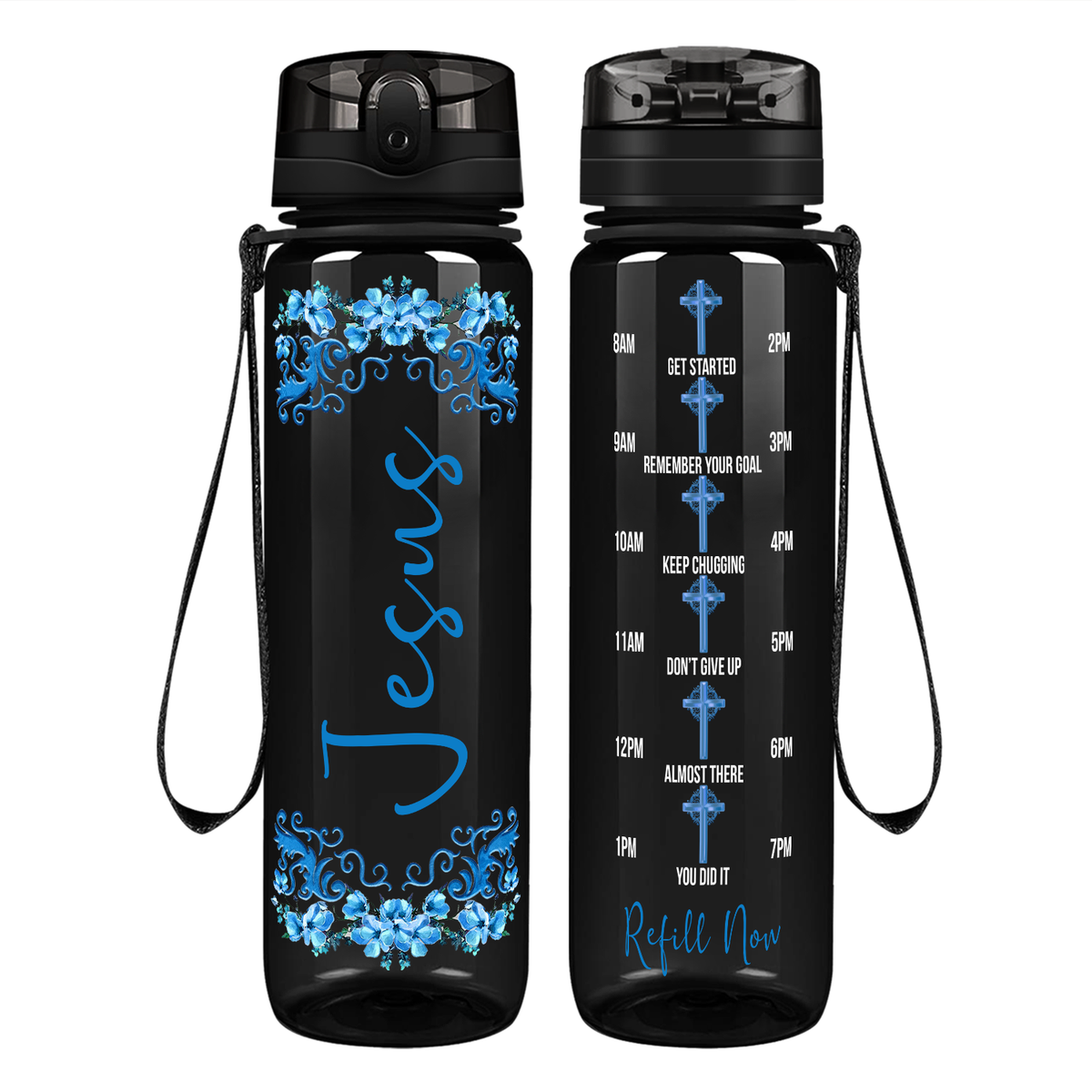 Jesus Blue Fowers Design on 32 oz Motivational Tracking Water Bottle