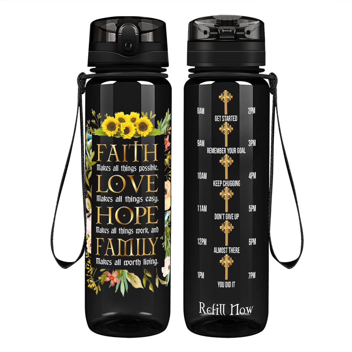 Faith Love Hope Family on 32 oz Motivational Tracking Water Bottle