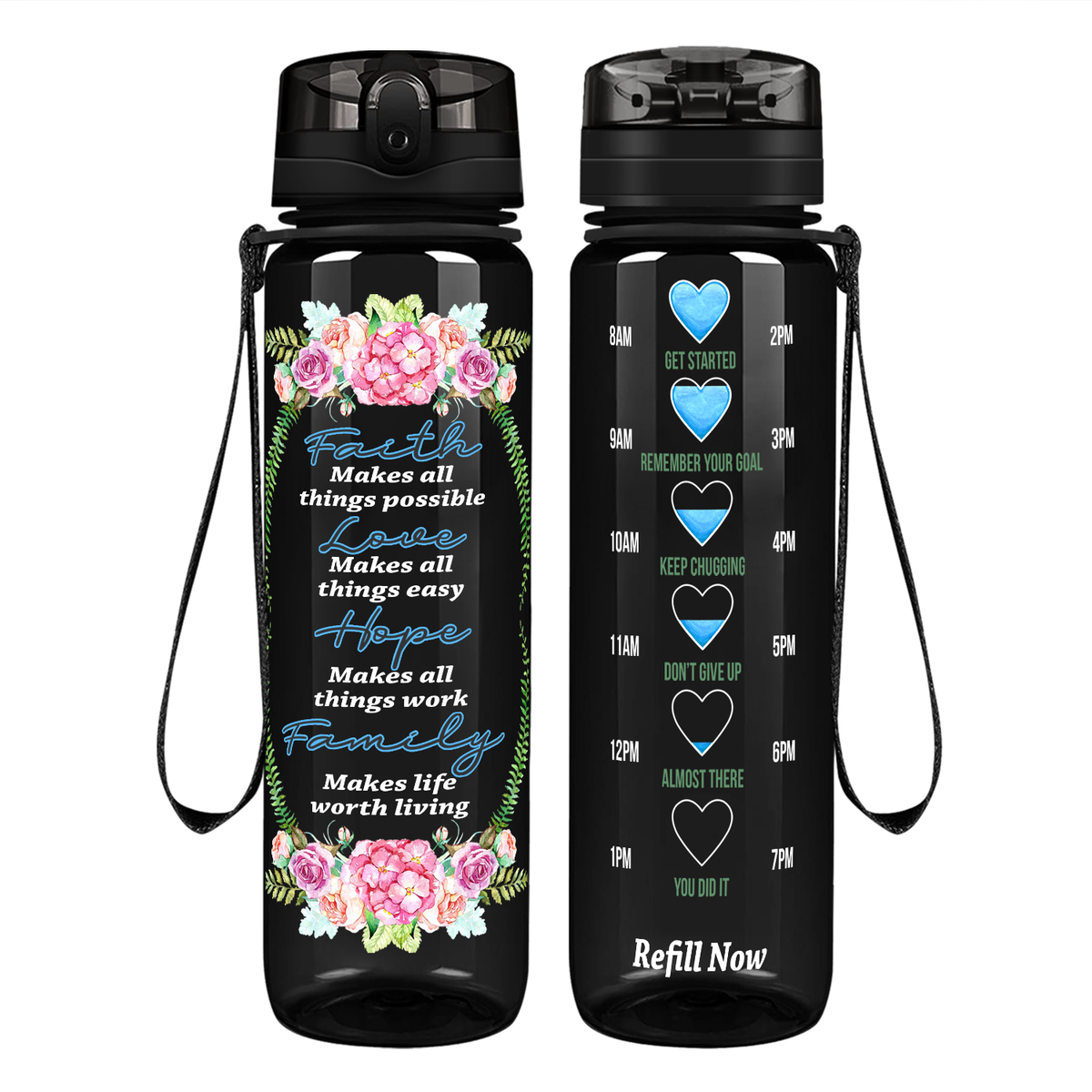 Faith Makes All Things Possible Love Hope Family on 32 oz Motivational Tracking Water Bottle