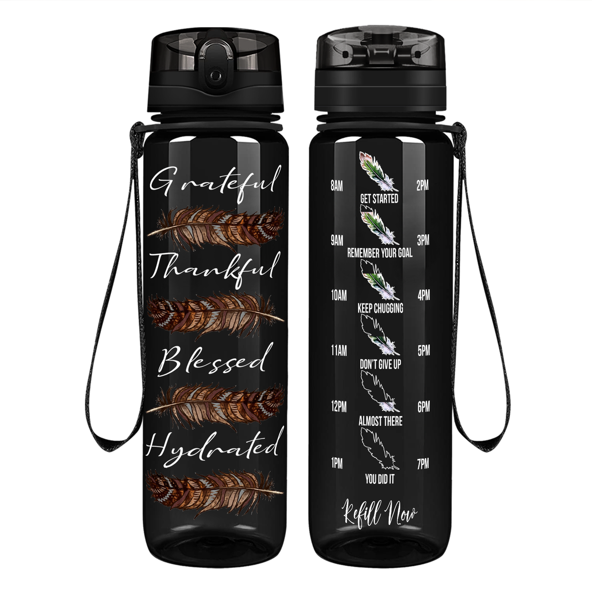 Grateful Thankful Blessed Hydrated with Feathers on 32 oz Motivational Tracking Water Bottle