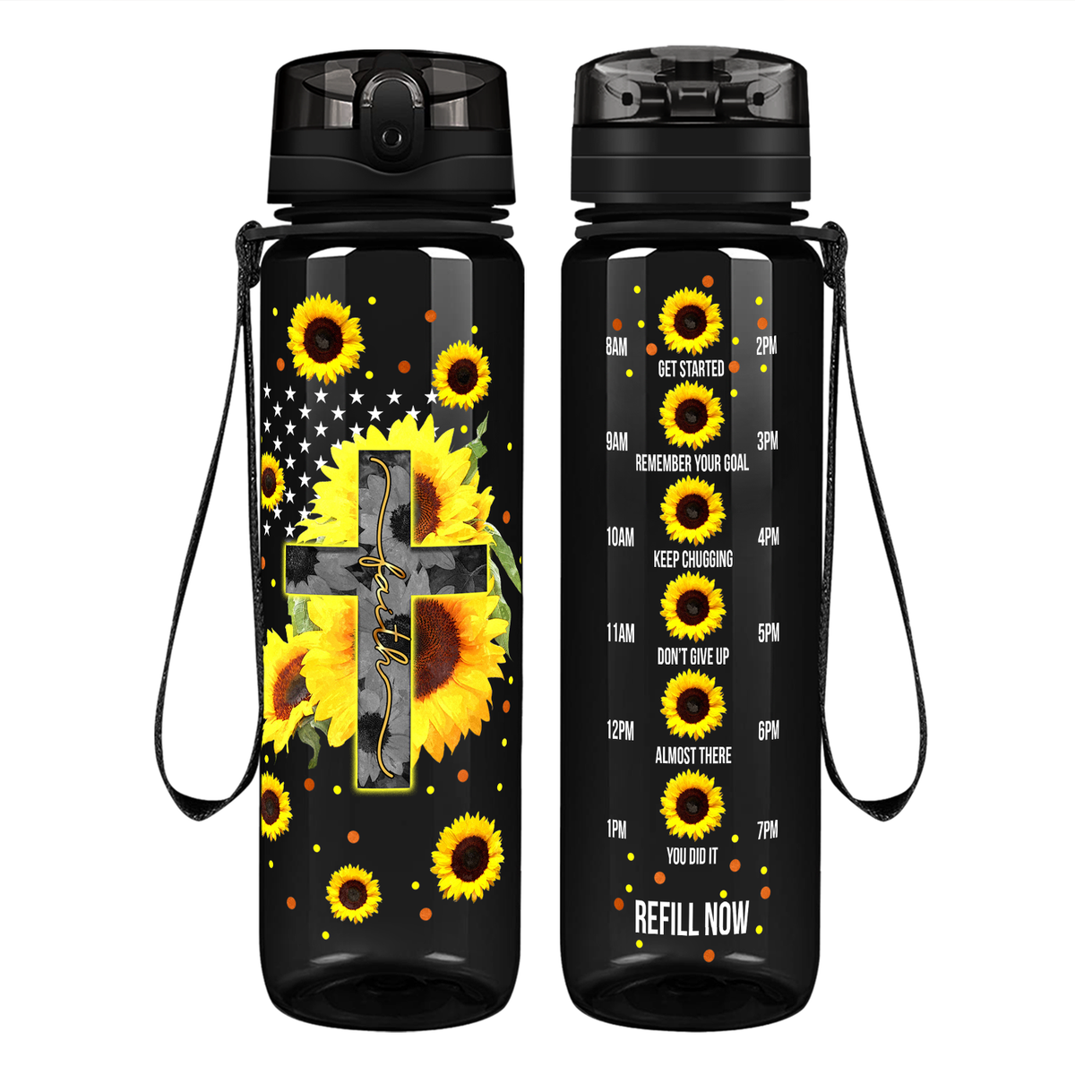 Faith Cross Sunflowers on 32 oz Motivational Tracking Water Bottle