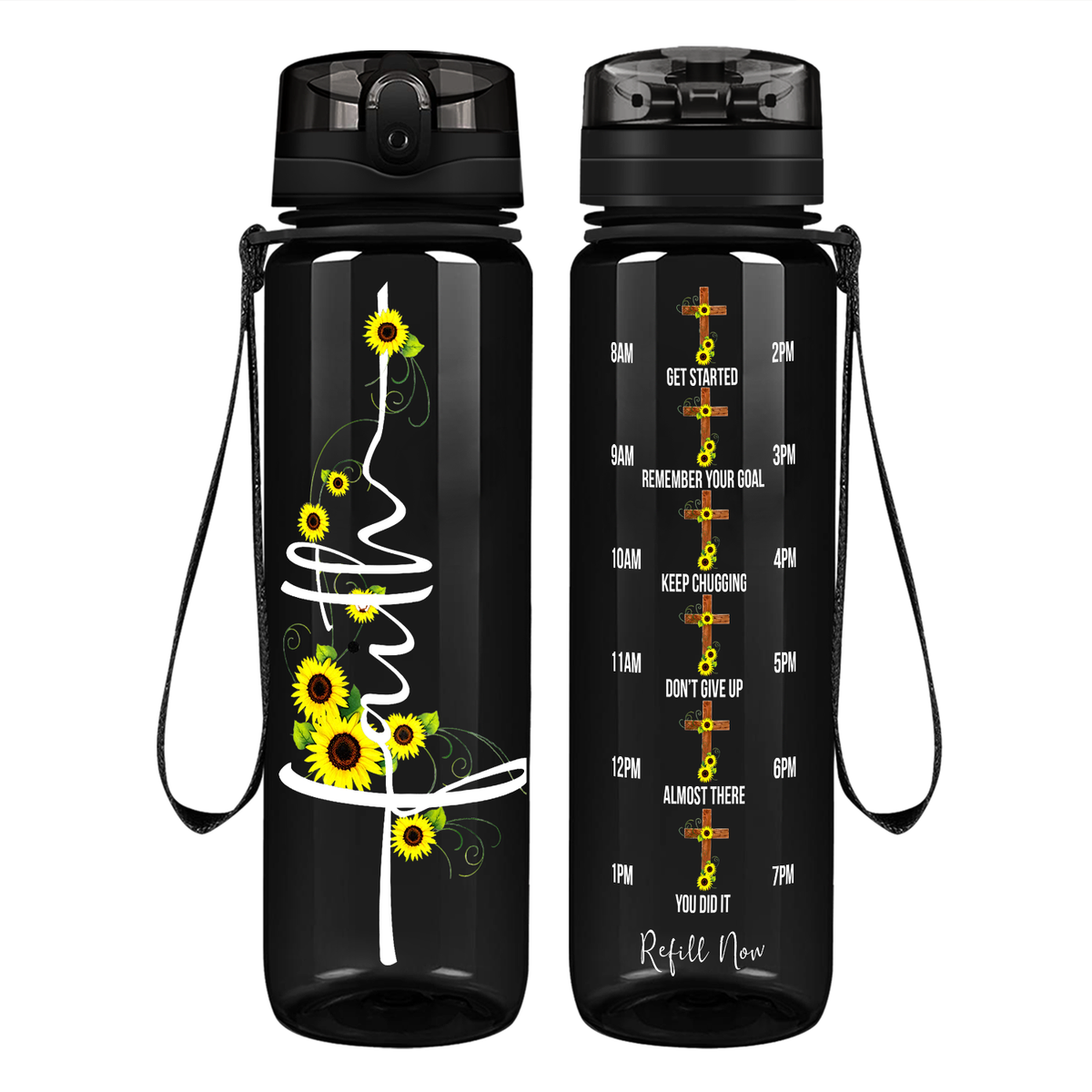 Faith Sunflowers on 32 oz Motivational Tracking Water Bottle