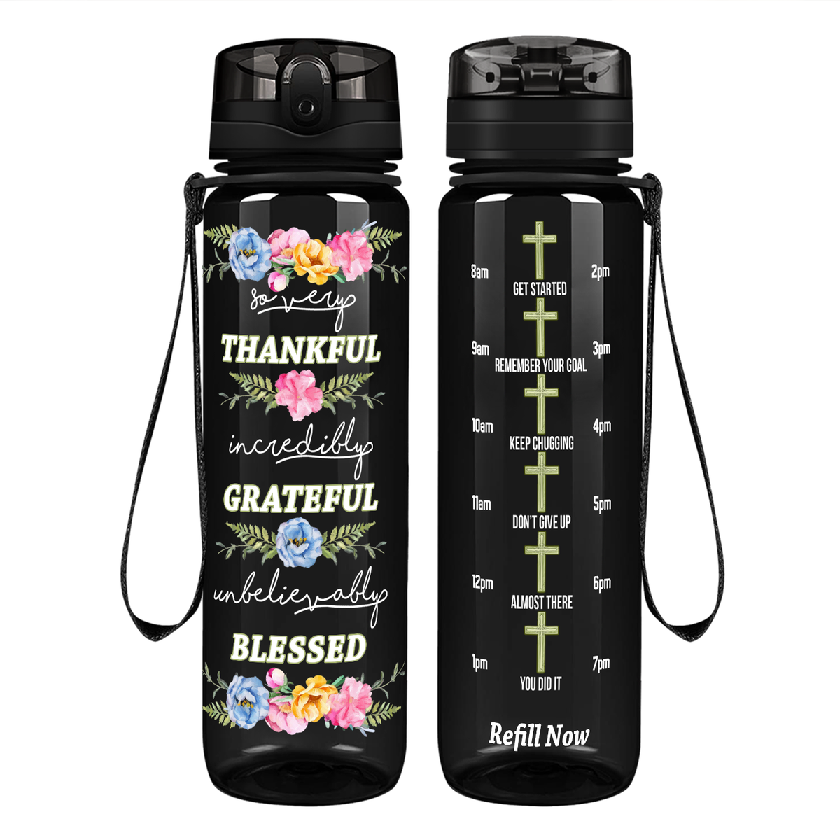 Thankful Grateful Blessed on 32 oz Motivational Tracking Water Bottle