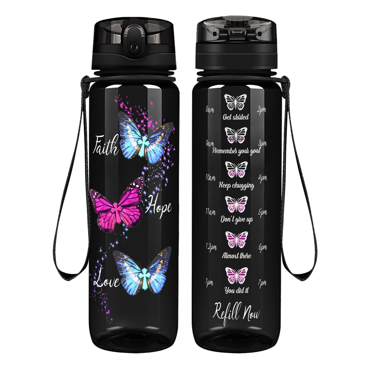 Faith Hope Love Butterflies on 32 oz Motivational Tracking Water Bottle