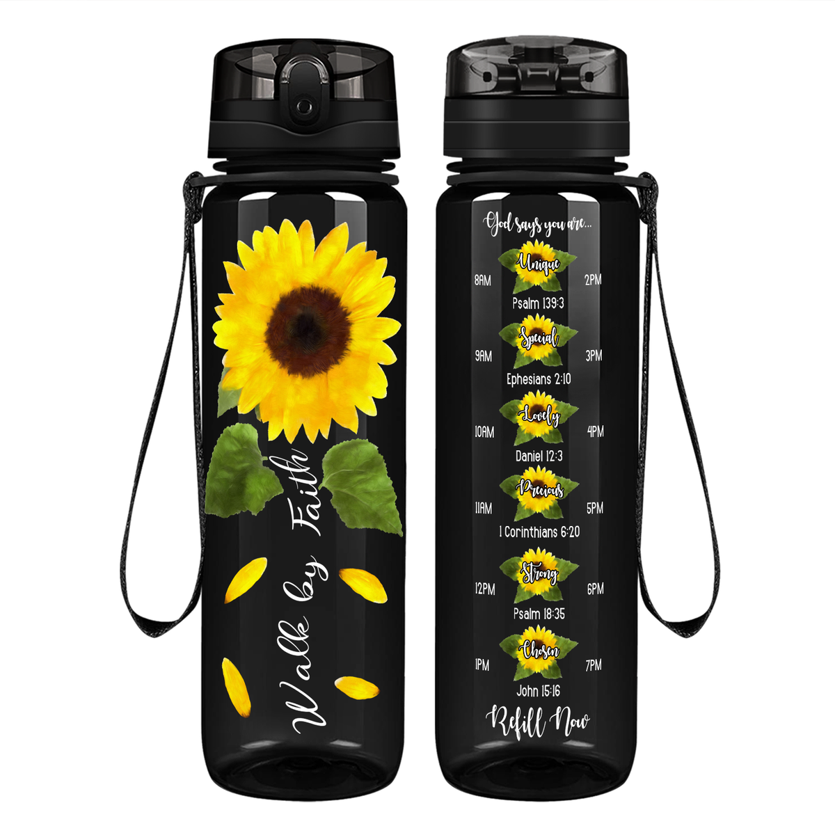 Walk By Faith Sunflower on 32 oz Motivational Tracking Water Bottle