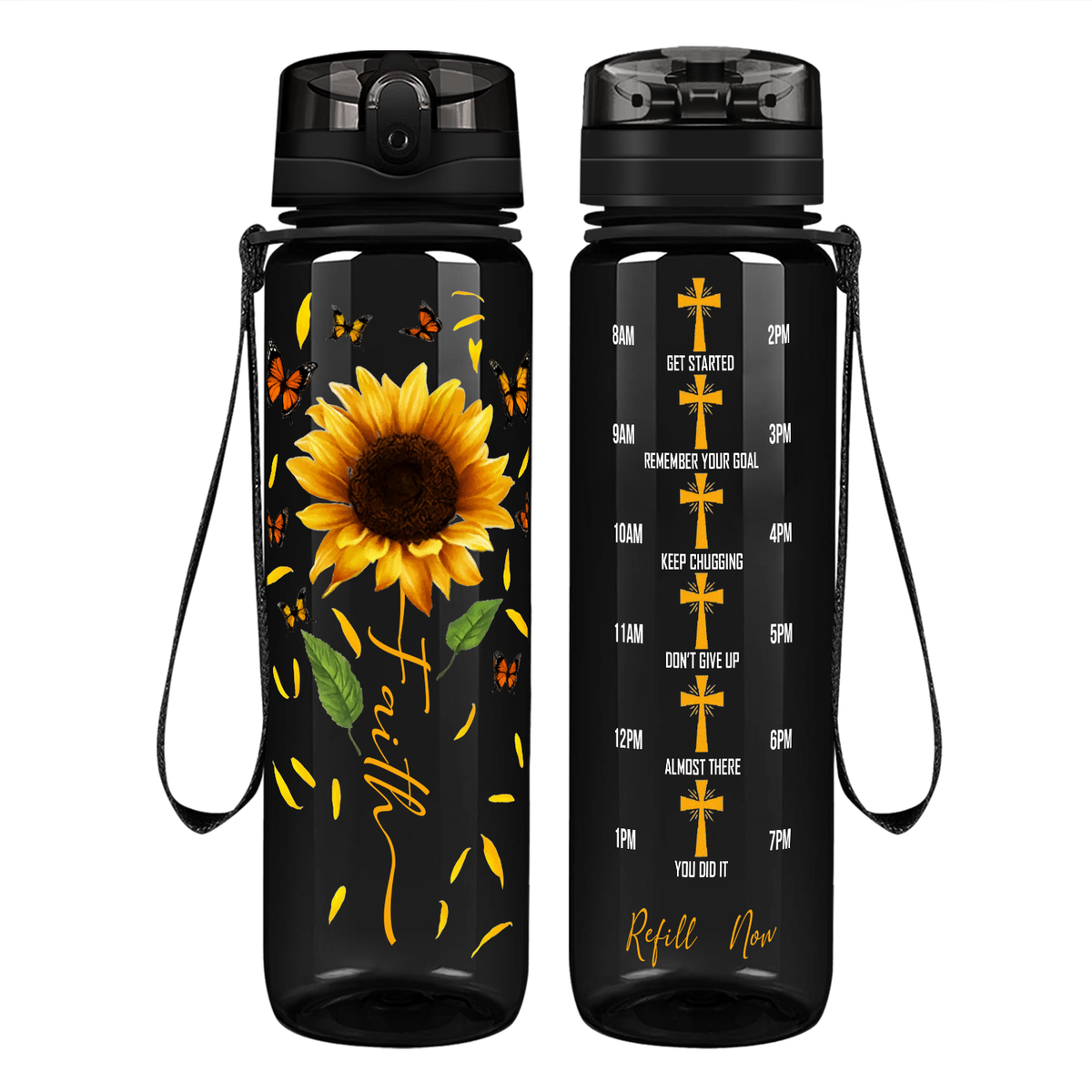 Faith Sunflowers Butterflies on 32 oz Motivational Tracking Water Bottle