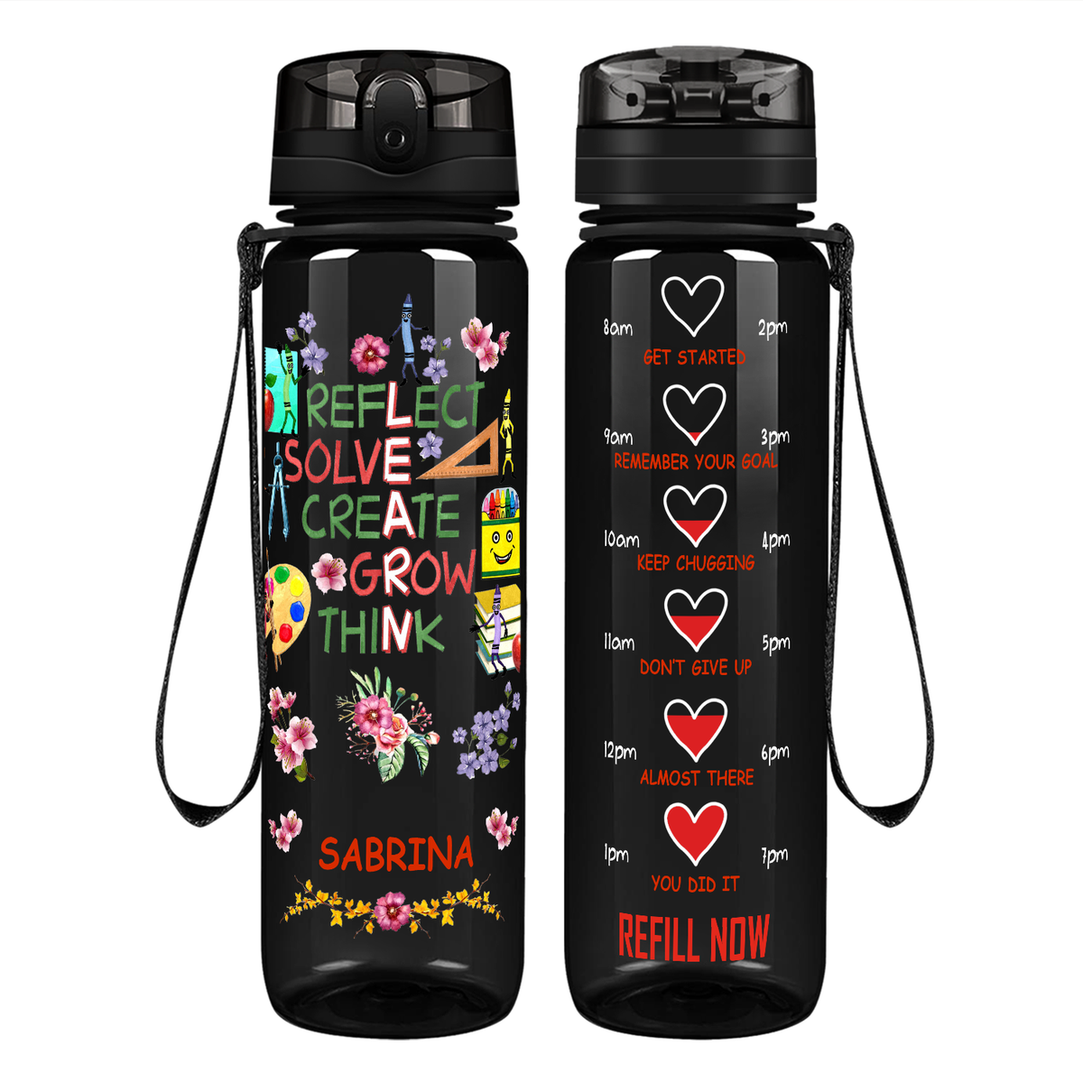 Personalized Reflect Solve Create Grow Think on 32 oz Motivational Tracking Water Bottle