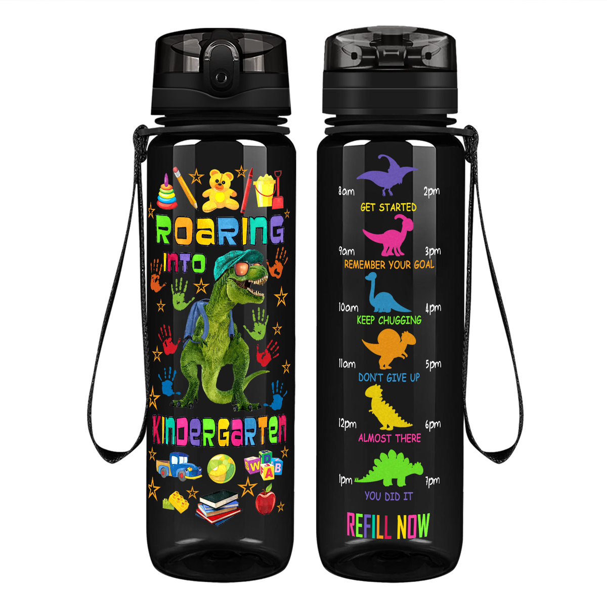 Roaring Into Kindergarten on 32 oz Motivational Tracking Water Bottle