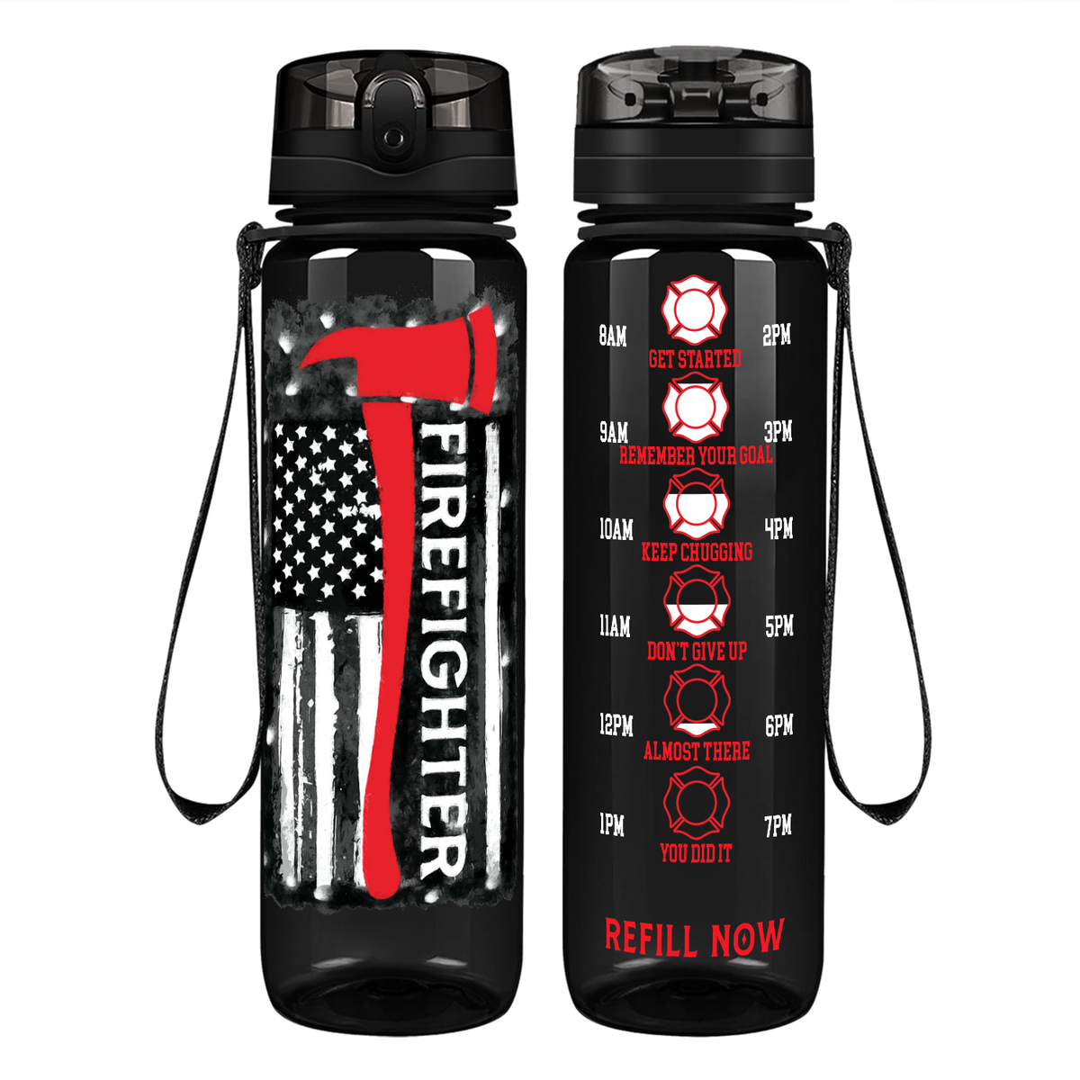 Firefighter Axe Distressed Flag on 32 oz Motivational Tracking Water Bottle