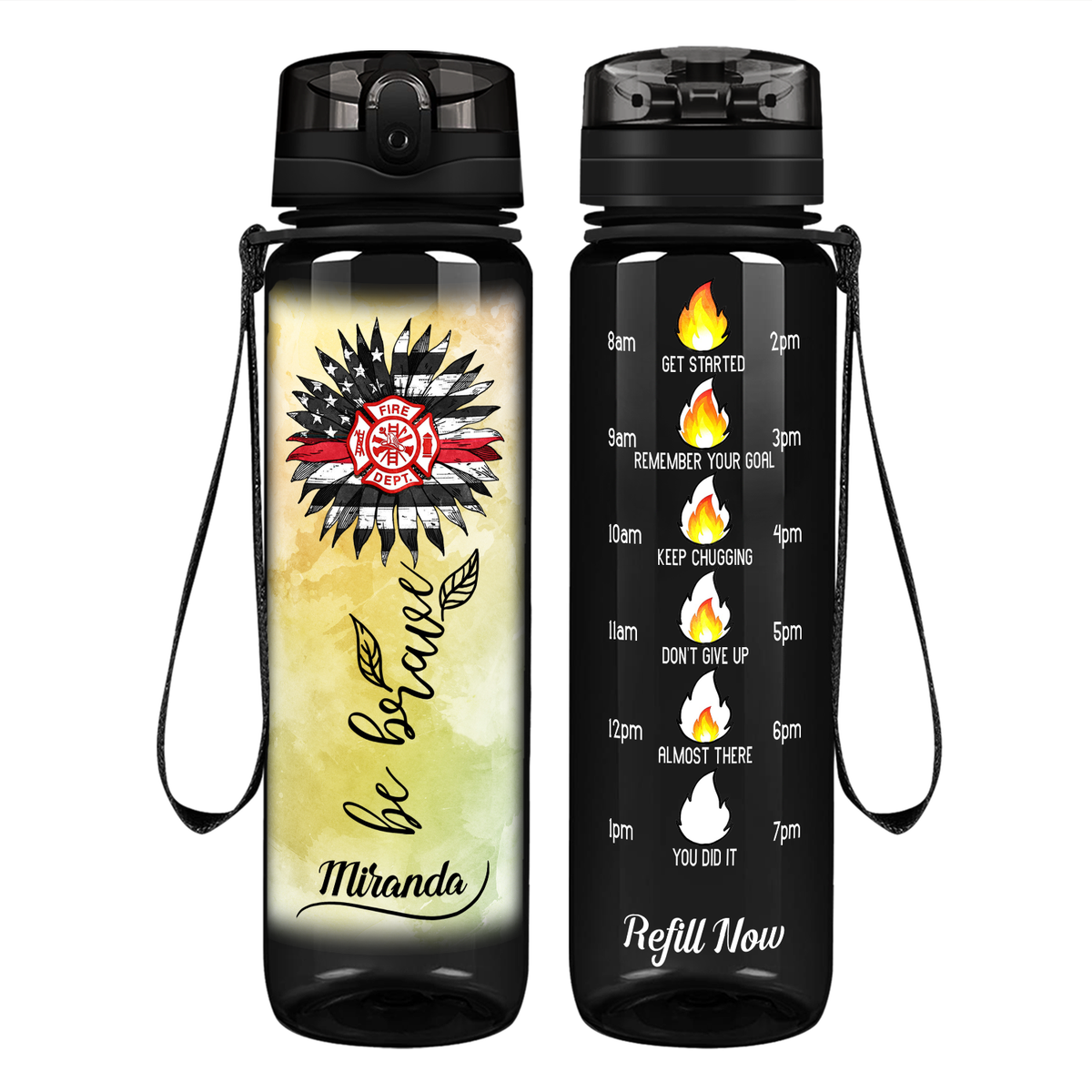 Personalized Firefigher Be Brave on 32 oz Motivational Tracking Water Bottle