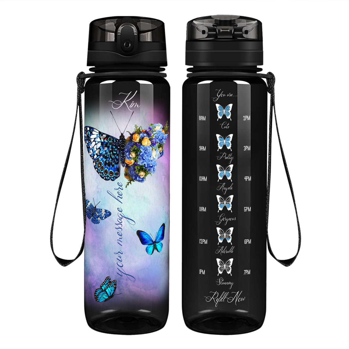 Personalized Butterflies with Name and Custom Message on 32 oz Motivational Tracking Water Bottle