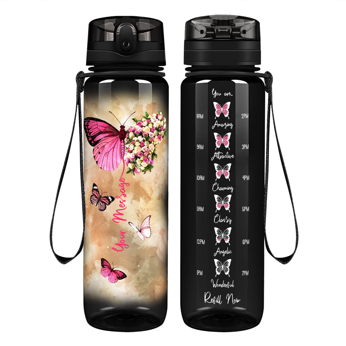 Personalized Butterflies Custom Message on 32 oz Motivational Tracking Water Bottle