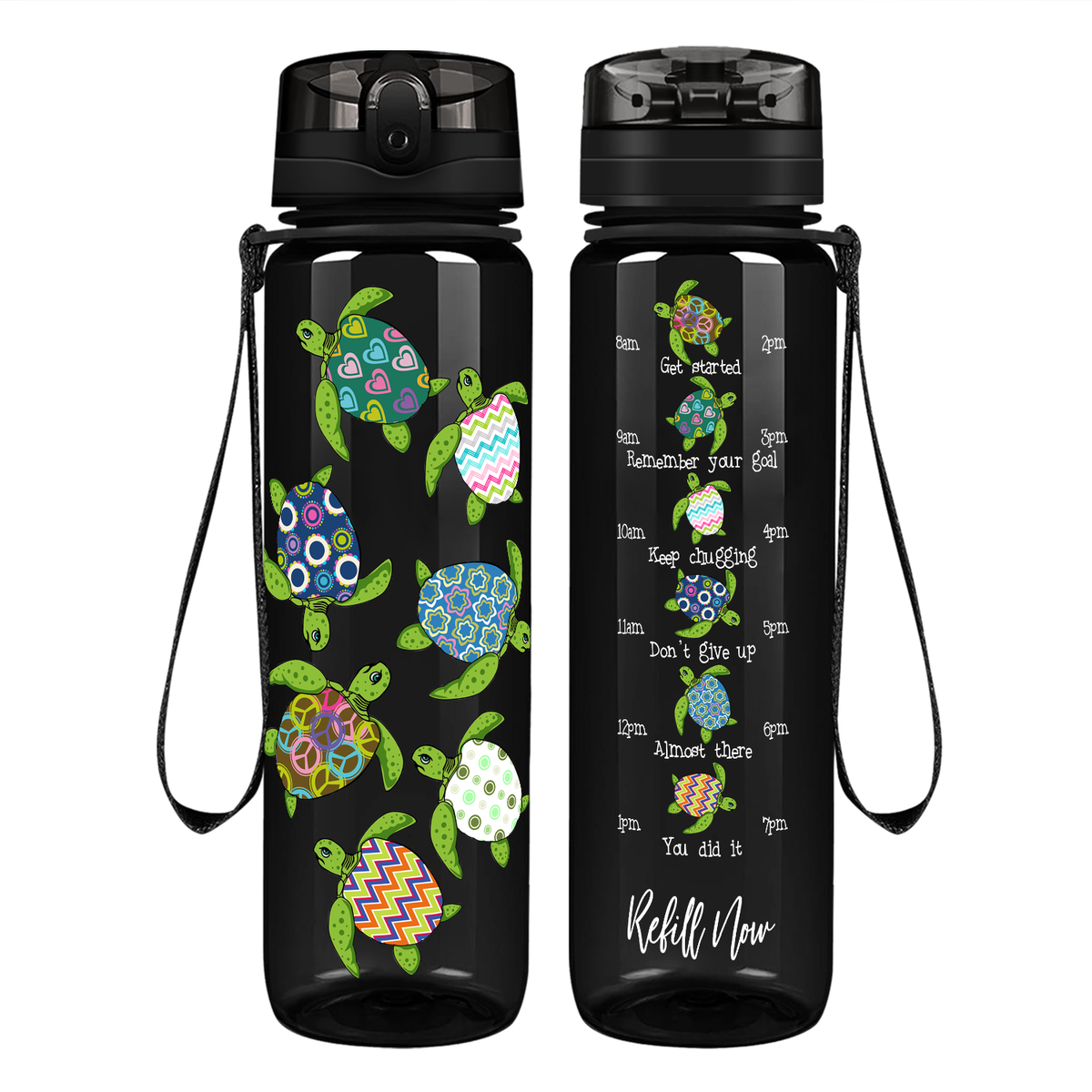 Colorful Turtles on 32 oz Motivational Tracking Water Bottle