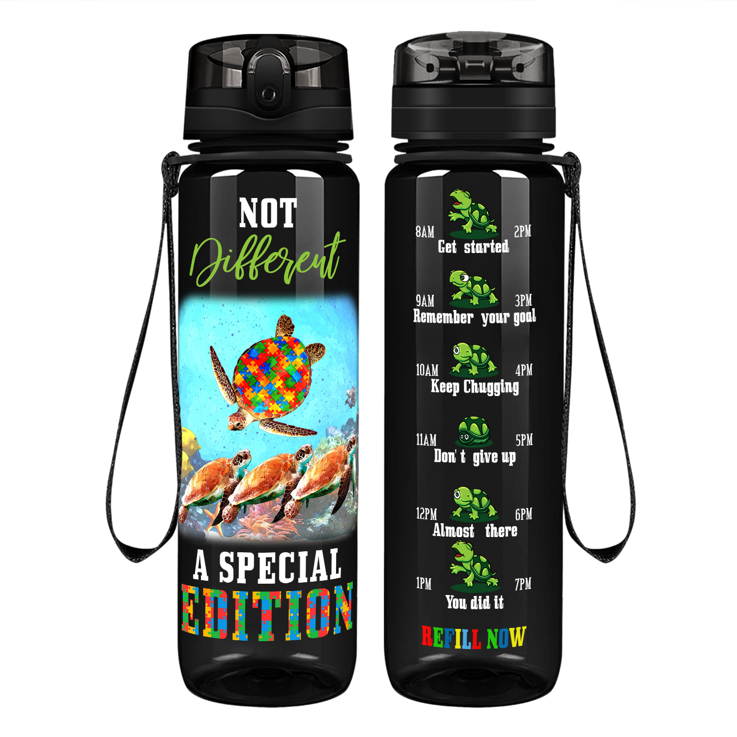 Turtles Not Different A Special Edition on 32 oz Motivational Tracking Water Bottle