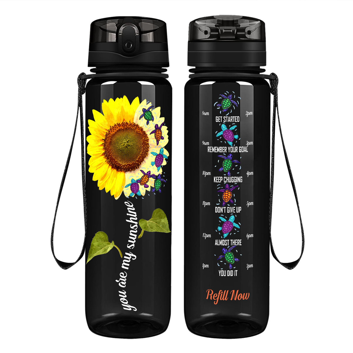 Turtles You Are My Sunshine Sunflower on 32 oz Motivational Tracking Water Bottle