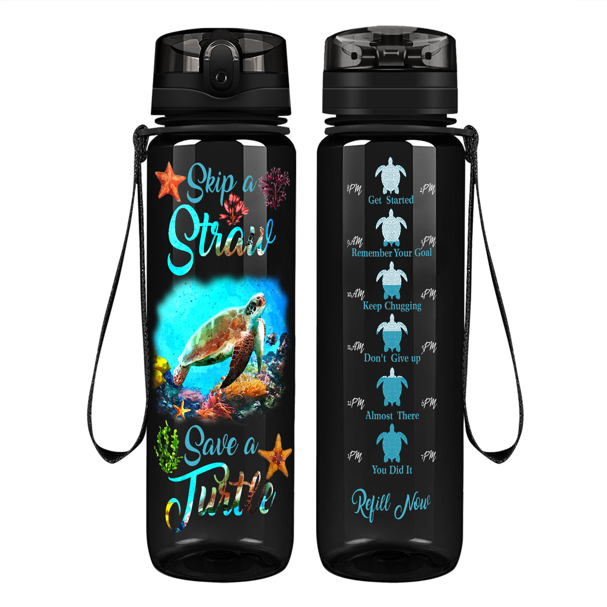 Skip A Straw Save A Turtle on 32 oz Motivational Tracking Water Bottle