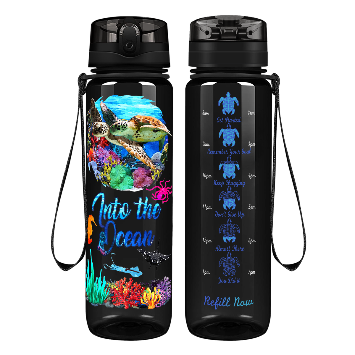 Turtles Into The Ocean on 32 oz Motivational Tracking Water Bottle