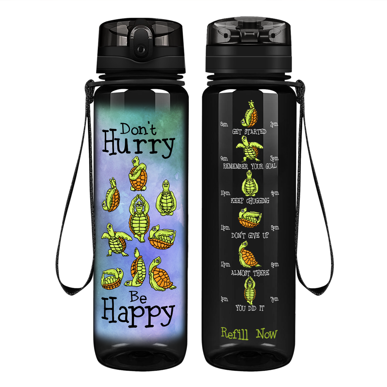 Don't Hurry Be Happy on 32 oz Motivational Tracking Water Bottle