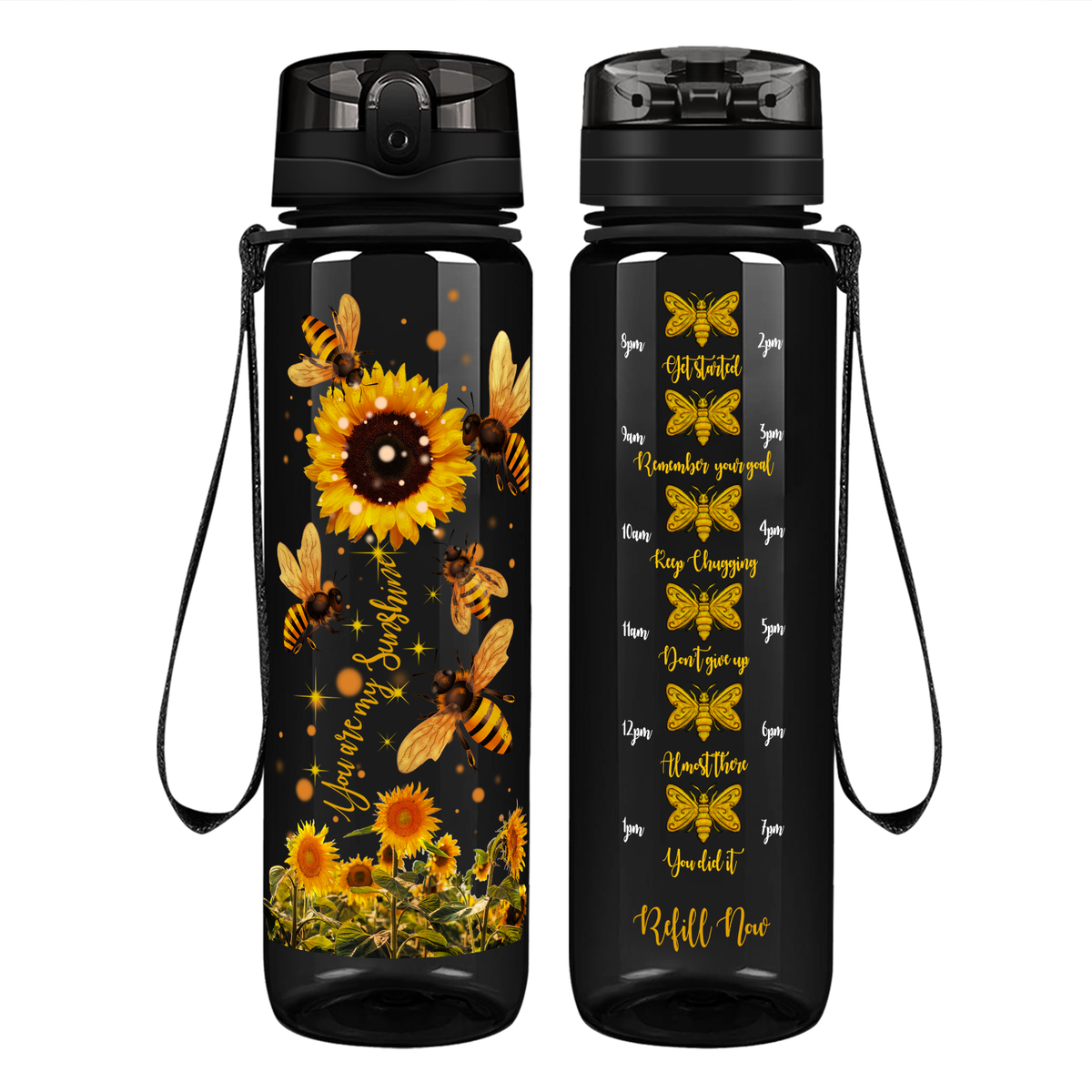 You Are My Sunshine Sunflower and Bees on 32 oz Motivational Tracking Water Bottle